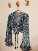 Load image into Gallery viewer, Silk frill sleeve top navy