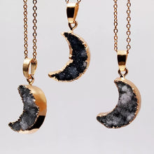 Load image into Gallery viewer, Black Moon Dust druzy crescent moon necklace